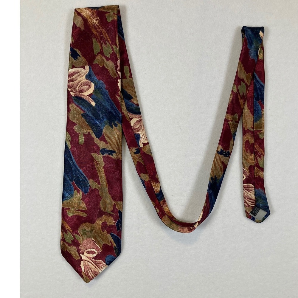 Towncraft Necktie Mens OS Burgundy Gold Blue Floral‎ Abstract Jacquard Classic